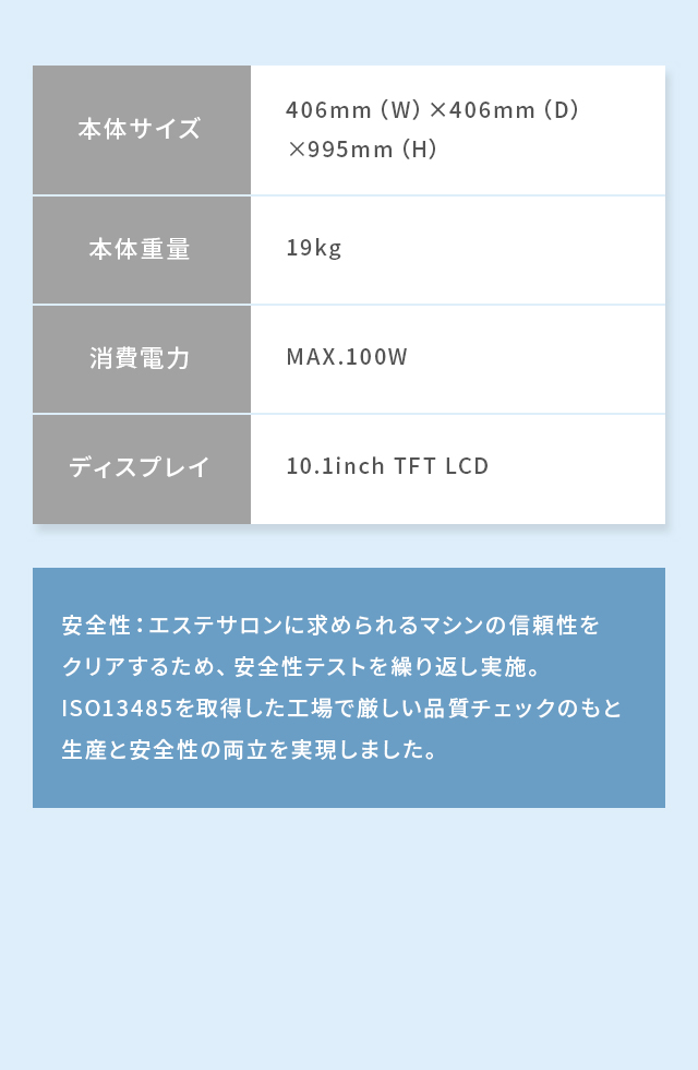 安全性：エステサロンに求められるマシンの信頼性をクリアするため、安全性テストを繰り返し実施。ISO13485を取得した工場で厳しい品質チェックのもと生産と安全性の両立を実現しました。